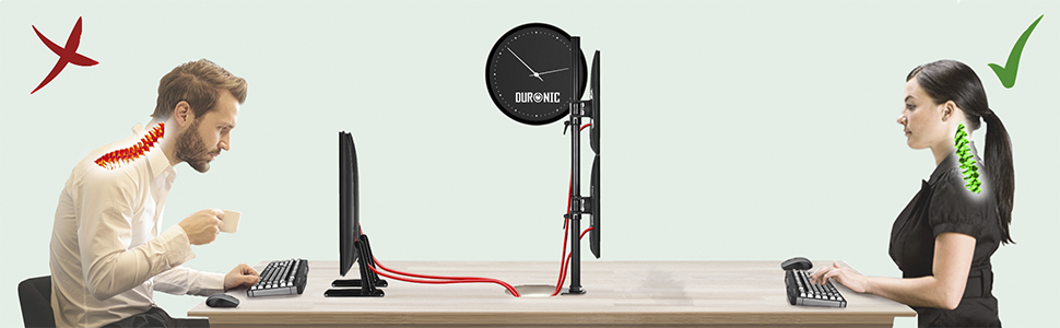 Тримач для двох моніторів Duronic DM35V2X1 | Вертикальна підставка для комп'ютерних моніторів | Регульована висота, поворот, нахил, кріплення VESA 75/100