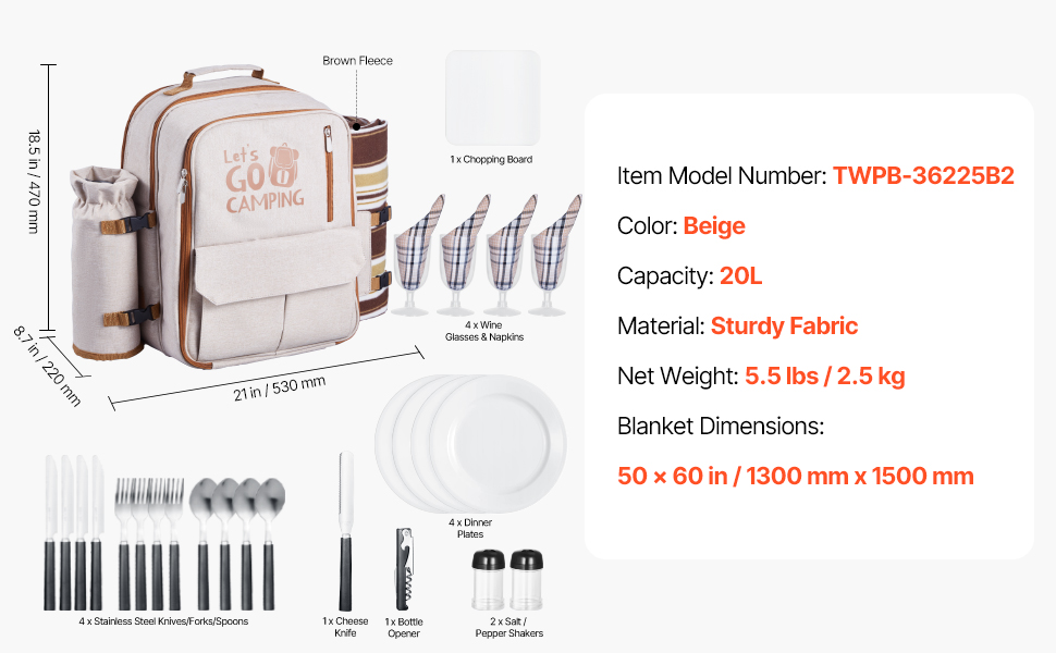 Рюкзак для пікніка VEVOR на 4 особи (20 л) з ізольованим холодильником, підстаканником/для вина та комплектом посуду для кемпінгу та пікніків, бежевий