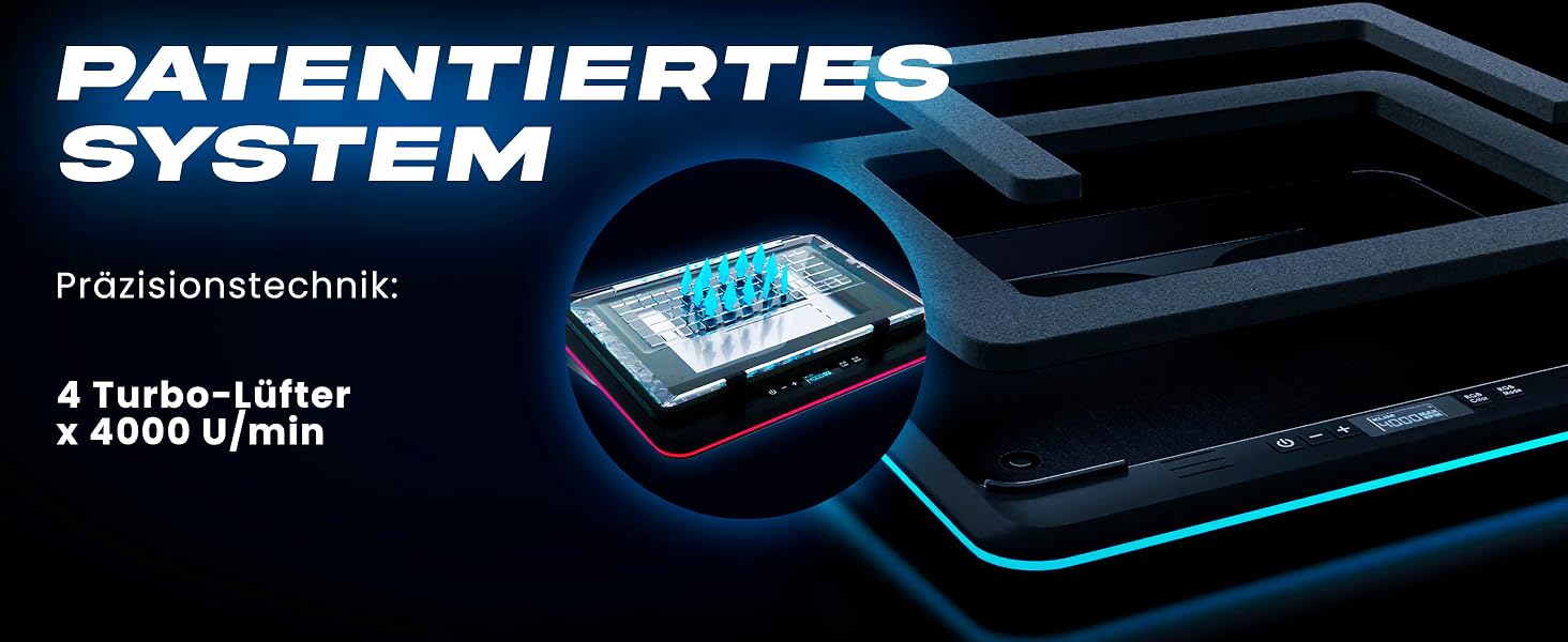 Ігровий охолоджувач для ноутбука KLIM Turbofrost до 17 дюймів, 4 вентилятори, RGB підсвітка, алюміній, чорний