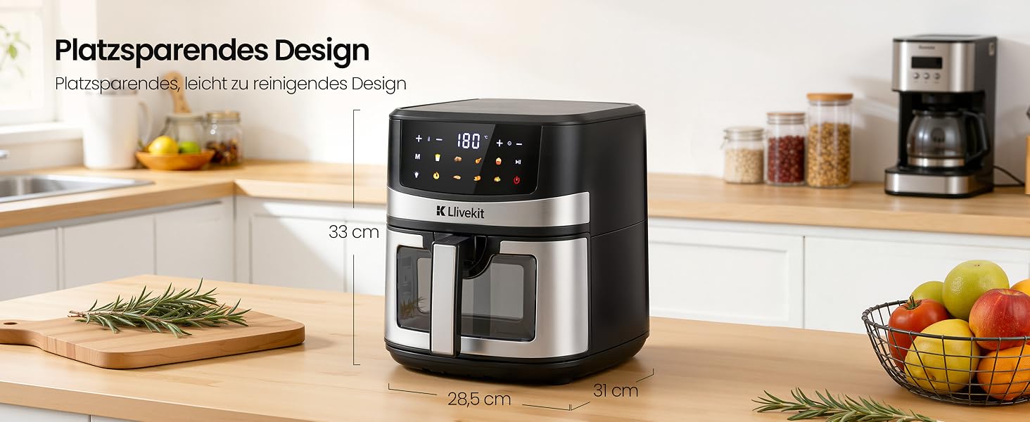 Аерофритюрниця LLIVEKIT 8-в-1 з вікном та підсвіткою, 7л, чорно-срібляста — енергоефективна мультипіч для здорового приготування без олії