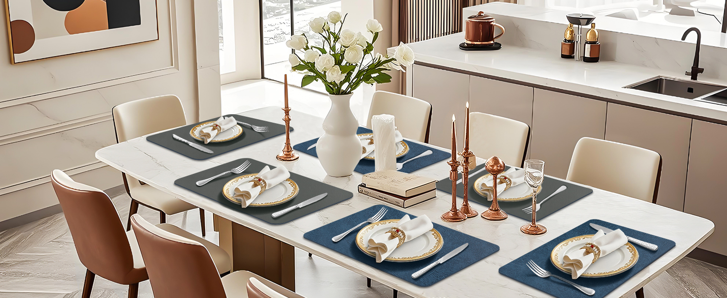 Набори підставки під тарілки 6 шт., неслизькі, миючі, з штучної шкіри, 40 x 30 см (блакитний/сірий)