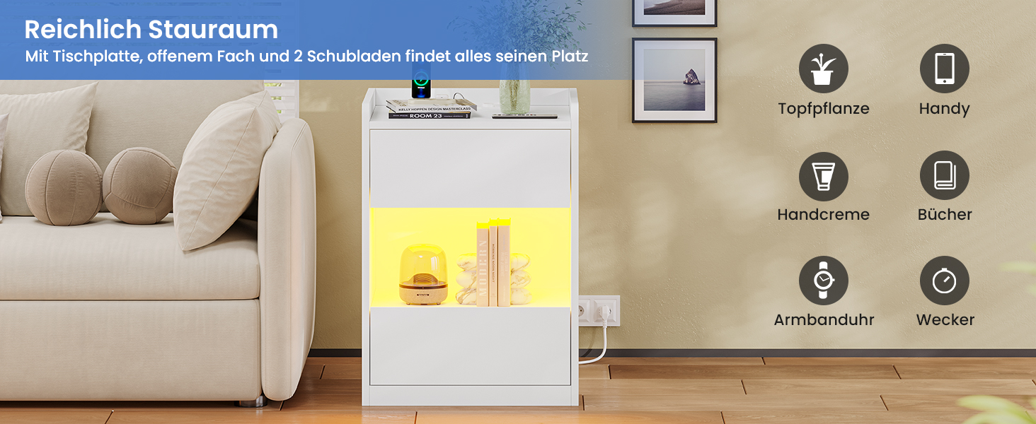 Нічний столик AOGLLATI з LED-підсвічуванням та зарядкою, 2 шухляди та полиця, білий (40x35x60 см)