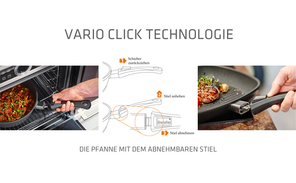 Сковорода Berndes Vario Click з алюмінію, 24 см, знімний ручка, сумісна з індукцією та іншими плитами, без PFOA, з антипригарним покриттям, можна мити в посудомийній машині, можна використовувати в духовці.