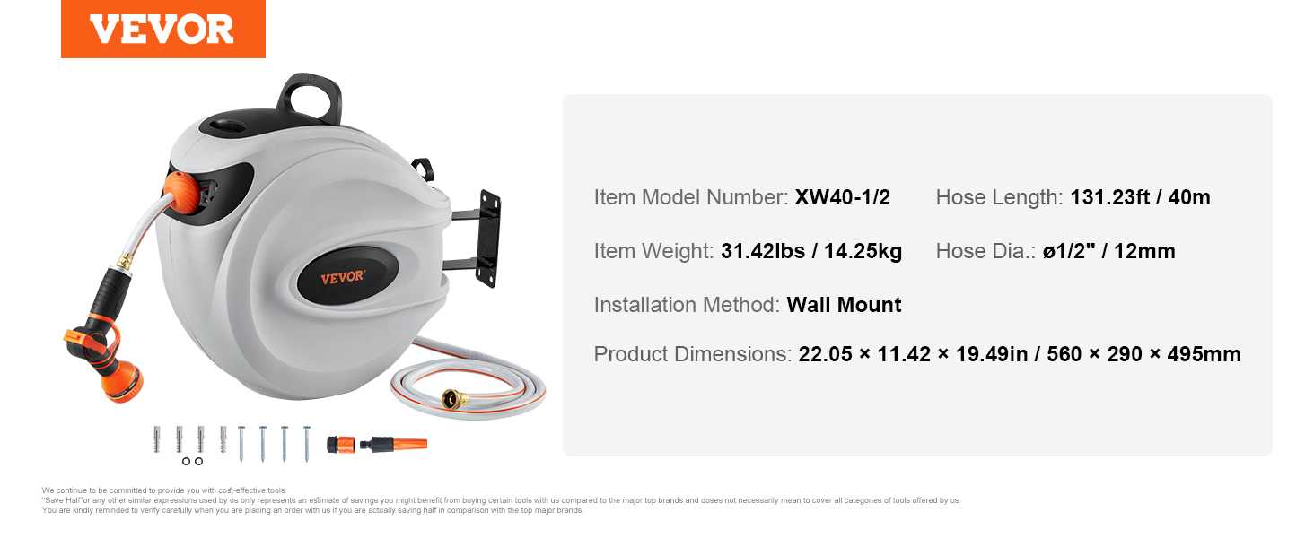 Збірний барабан для шланга VEVOR 12 мм x 40 м з кріпленням на стіну, автоматичний зворотний відбій, поворотна кріплення 180° та насадка з 9 шаблонами