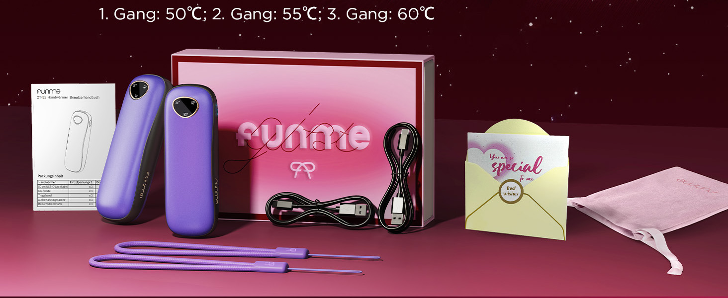 Електричні грілки для рук Funme® 10000mAh (2 шт.) з подарунковою коробкою. USB Powerbank, багаторазові, до 60°C, для жінок, ідеальні для активного відпочинку. OT95 (фіолетове золото)