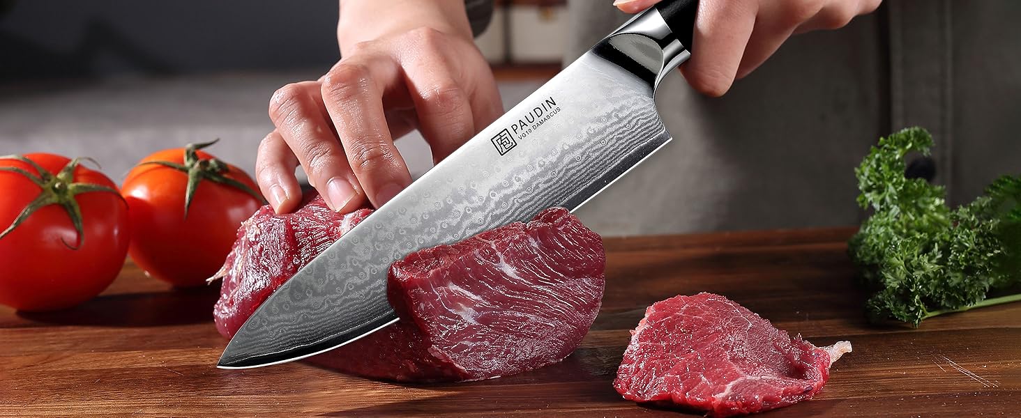 PAUDIN Profi: Ніж кухонний з лезом з нержавіючої сталі, 20 см, Дамаск, Ергономічна ручка, для професійних та аматорських кухарів, подарунок