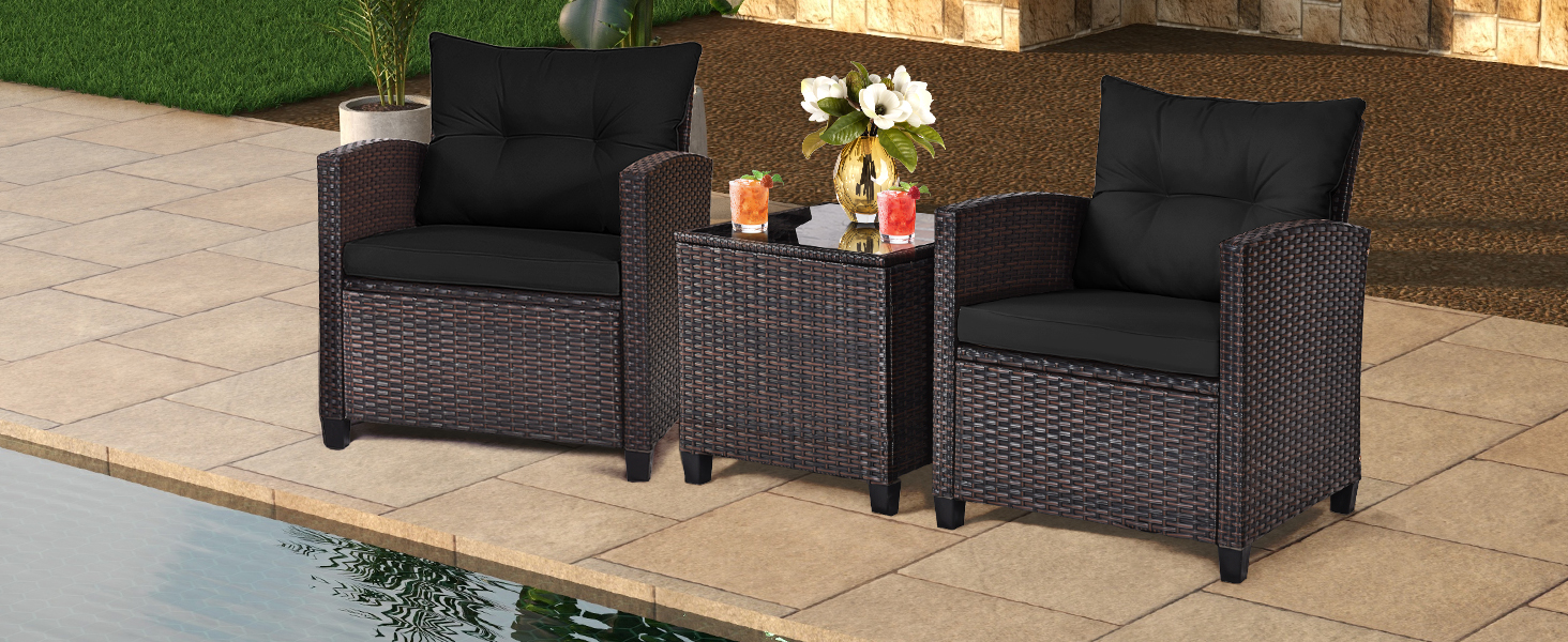 Набір садових меблів LIFEZEAL 3 предмети: 2 крісла та стіл з ротангу PE, чорний. Садовий комплект для тераси, балкона, саду з подушками