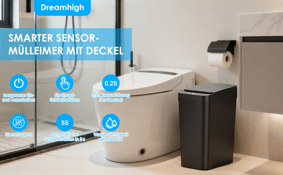 Набір з 2 відер для сміття Dreamhigh® з датчиком, 12 л, електричні, автоматичний кришка, розумні, 3 режими відкривання, тихі, водонепроникні для кухні, ванної кімнати, офісу, вітальні (Чорний + Білий)