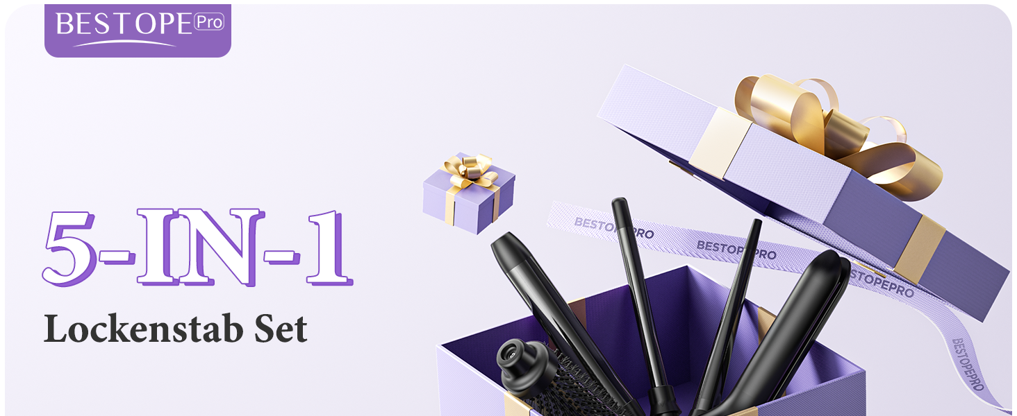 BESTOPE PRO Локкенстаб: Набір випрямляча та плойки 5-в-1 з термощіткою, 3 плойки (9-25 мм) для великих локонів, 13 температур, захисне покриття, рукавичка, затискач (базальтовий чорний)