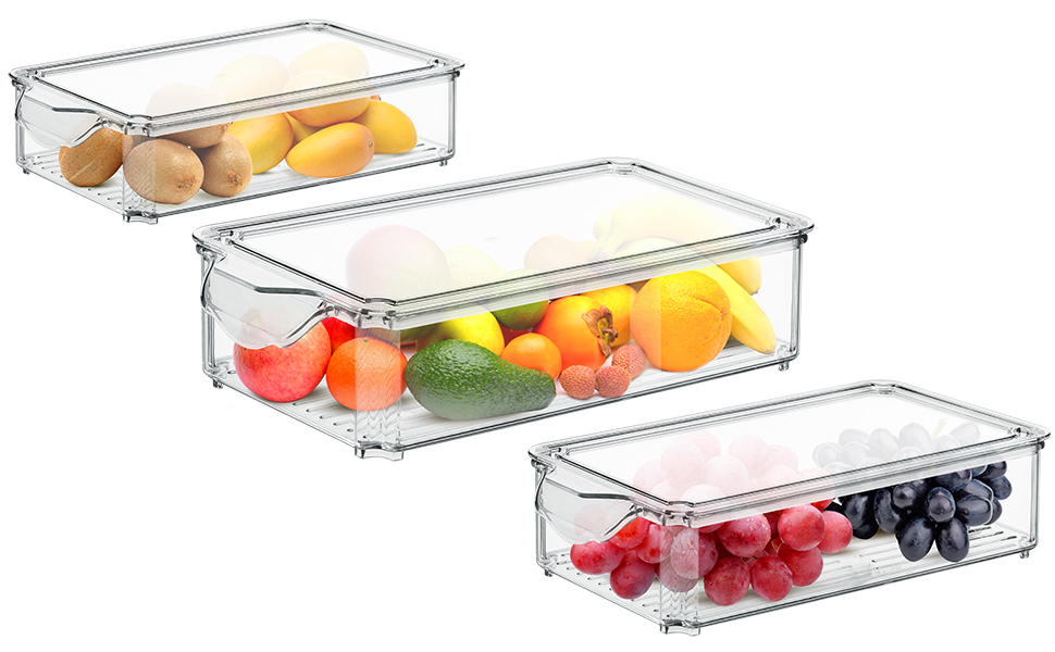 Органайзери для холодильника, набір 3 шт., з кришкою, з прозорого пластику. Підходять для холодильника, комори, морозильника, шаф.
