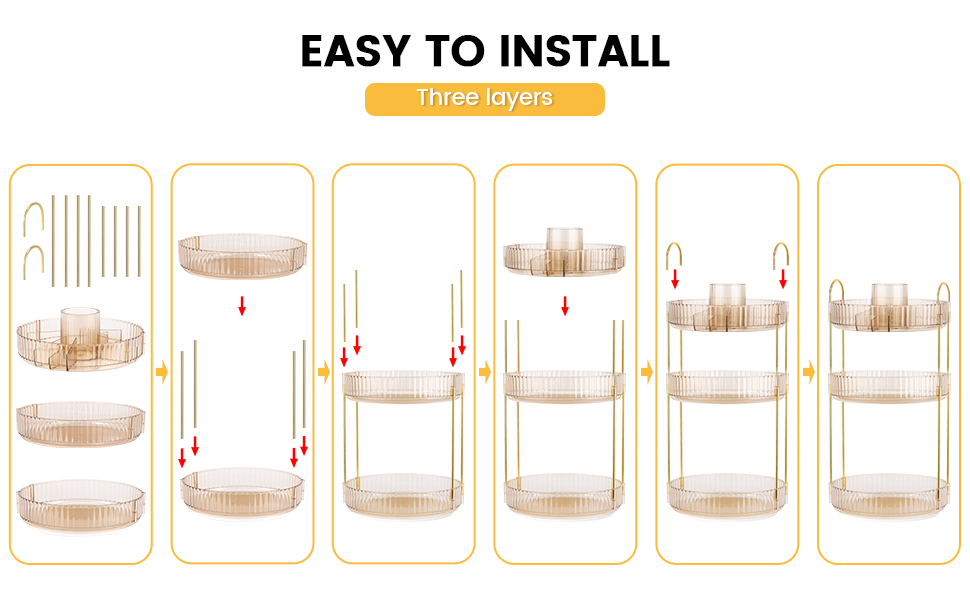 Органайзер Otauoaea Make Up, косметичний органайзер, що обертається на 360, з відділеннями великої місткості, багатофункціональний органайзер Макіяж для туалетного столика Ванна кімната Спальня (3 шари, бурштин) Бурштиновий 3 шар