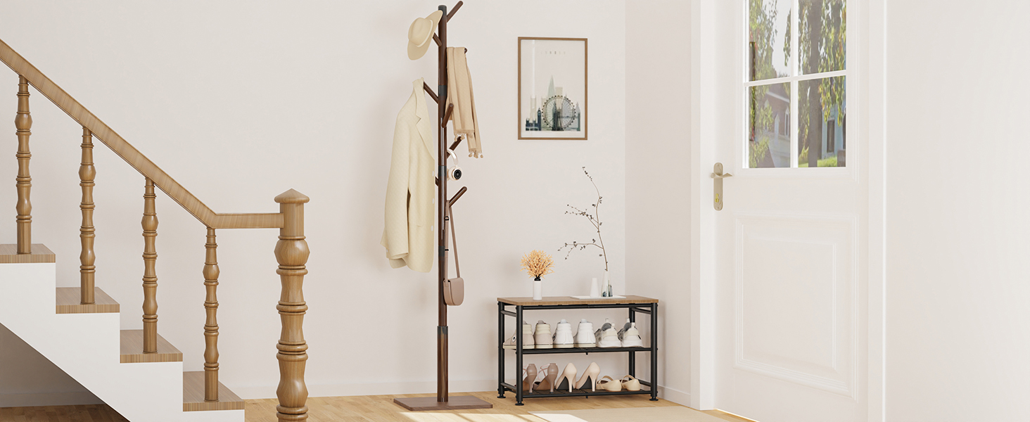 Дерев'яний вішак для одягу, стійка для одягу з 8 гачками, 30x30x180 см, коричневий