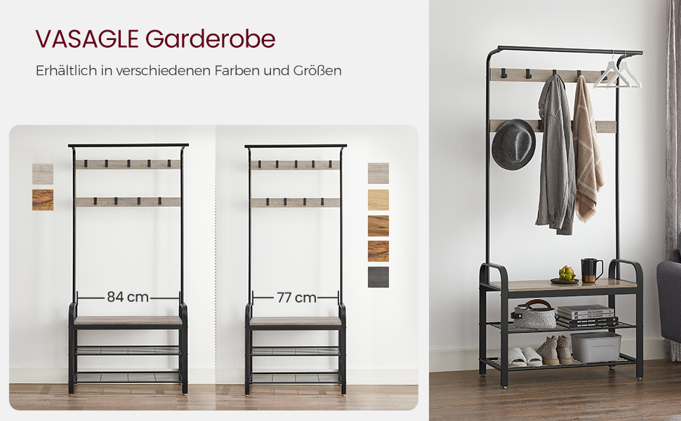 Стійка для одягу VASAGLE з полицею для взуття, 4-в-1, 9 знімних гачків, штанга для одягу, для передпокою, 33.7 x 72 x 183 см, індустріальний дизайн, горіхово-чорний колір