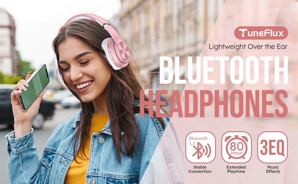 Накладні Bluetooth-навушники TuneFlux, 80 годин, 3 режими еквалайзера, HiFi стерео, Мікрофон, Складні, Рожеве золото