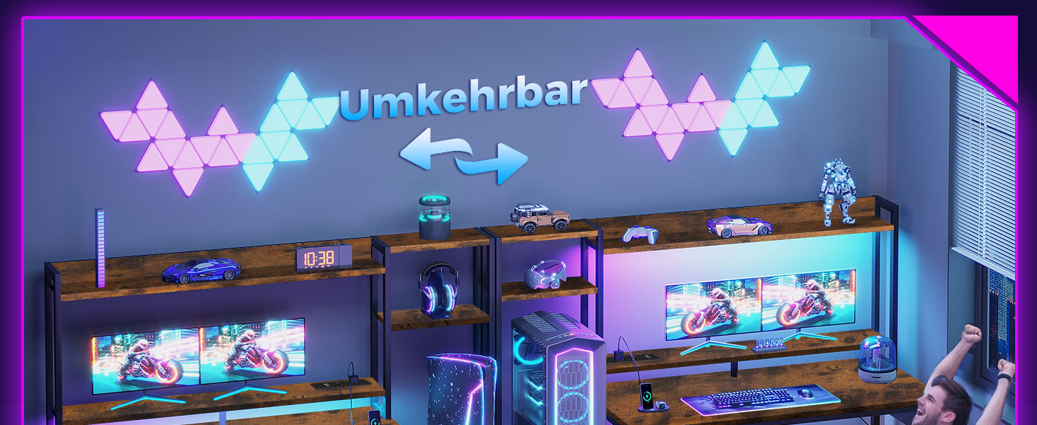 Ігровий стіл Coleshome з полицями та ящиками, 137x48 см. Стіл для геймінгу з LED-підсвічуванням та розеткою, комп'ютерний стіл з місцями для зберігання та підставкою для монітора (Коричневий)