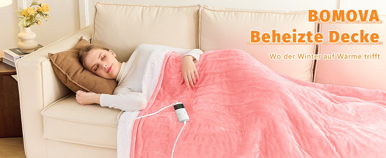 Електрична ковдра BOMOVA з автовимкненням, тепла та м'яка ковдра для дому, 10 режимів нагріву та таймер, подарунок для жінок, рожева, 130x180 см