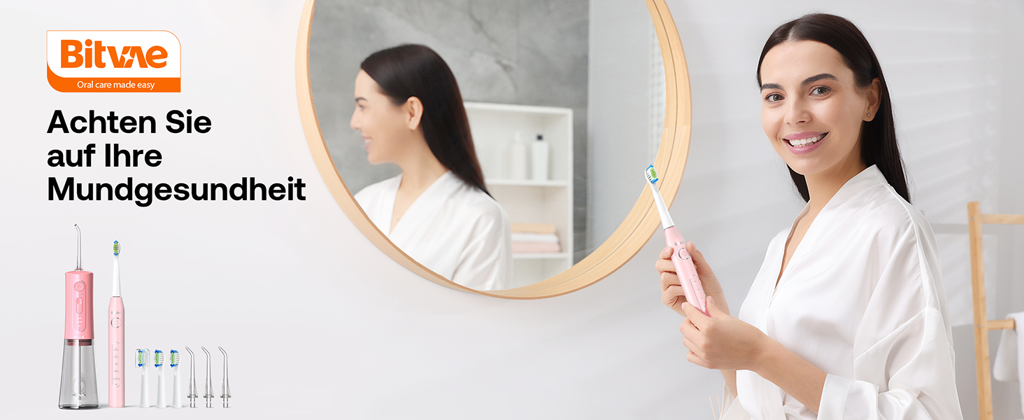 Іригатор для порожнини рота Bitvae та електрична зубна щітка 5 в 1, 3 режими & 5 рівнів тиску, бездротовий, з 4 насадками для щітки та 4 насадками для іригатора, чорний