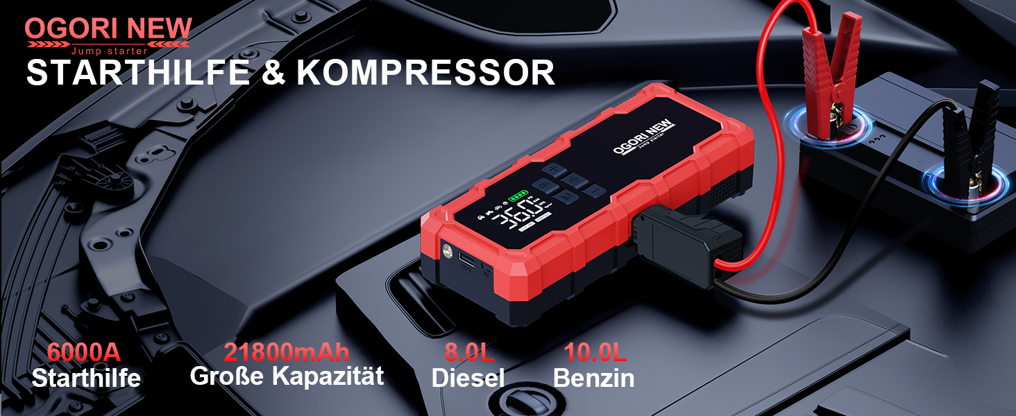 Powerbank для авто Starthilfe 6000A з компресором та LED-ліхтариком, 12V, для 8L бензину/10L дизеля