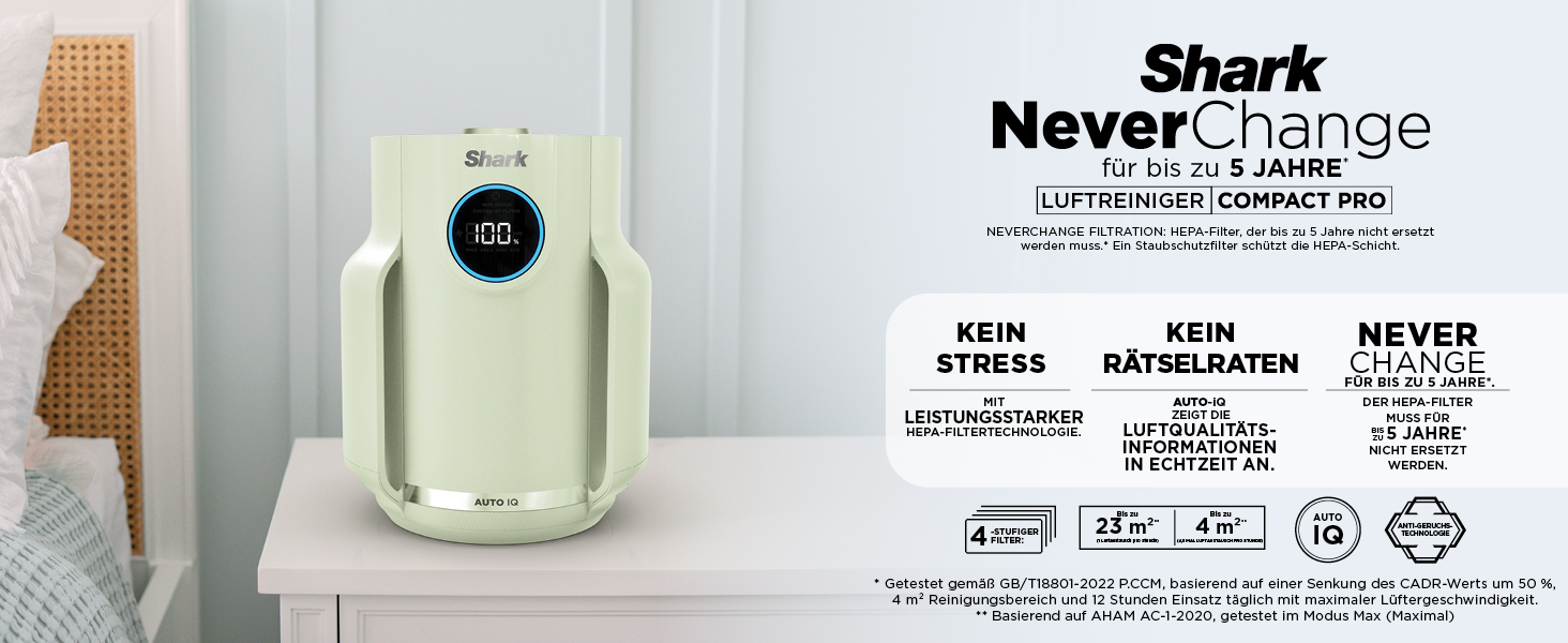 Повітряний фільтр Shark NeverChange HP150EU: для приміщень до 60 м², HEPA-фільтр на 5 років, уловлює 99,97% алергенів, авто-режим, тиха робота, LED-дисплей, білий