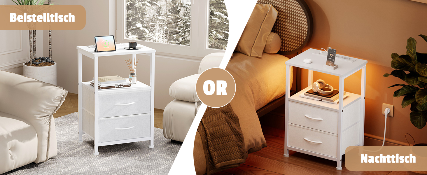 Нічний столик з LED-підсвіткою та функцією зарядки, з шухлядою, 3 розетки AC та USB, для вітальні/спальні (40T x 30B x 60H cm, Білий)