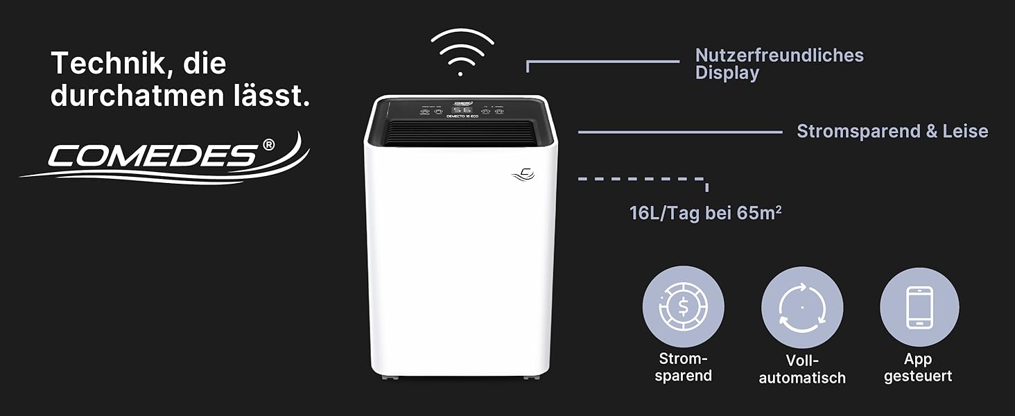 Comedes Demecto 16 eco WiFi - Потужний побутовий осушувач повітря (16 л/24 год) з Wi-Fi, для приміщень до 65 м²/150 м³, керування через додаток