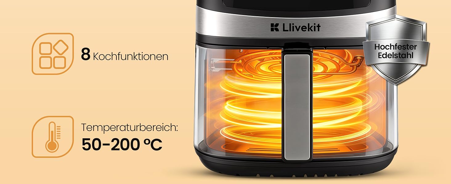 Аерофритюрниця LLIVEKIT 8-в-1 з вікном та підсвіткою, 7л, чорно-срібляста — енергоефективна мультипіч для здорового приготування без олії