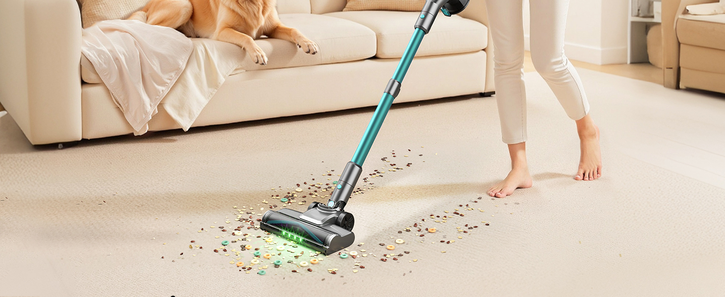 Бездротовий пилосос Dzaki 45000Pa з акумулятором, дисплеєм та антизаплутувальною насадкою для твердих поверхонь, килимів, шерсті тварин та авто (блакитний)