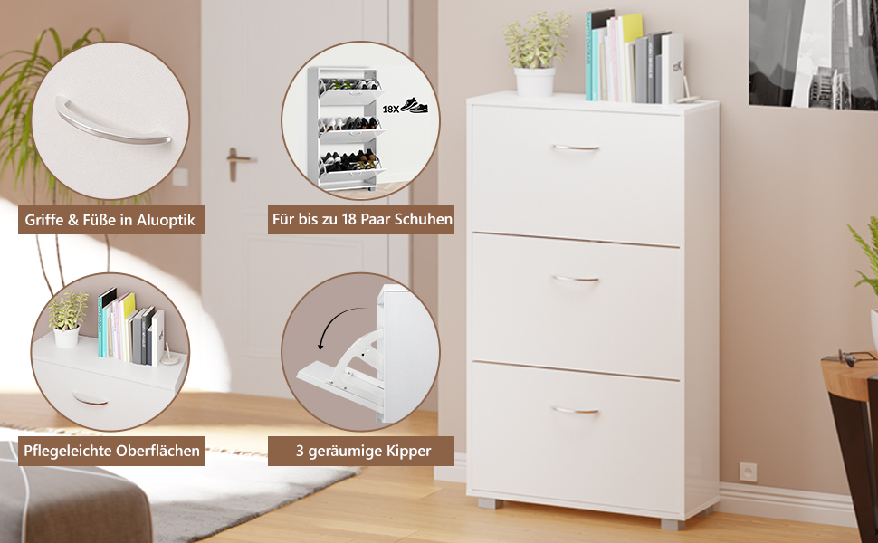 Шафа для взуття Casaria® на 18 пар, 115x60x25 см, 3 дверцята, дерево бук, білий колір, з блокуванням від перекидання