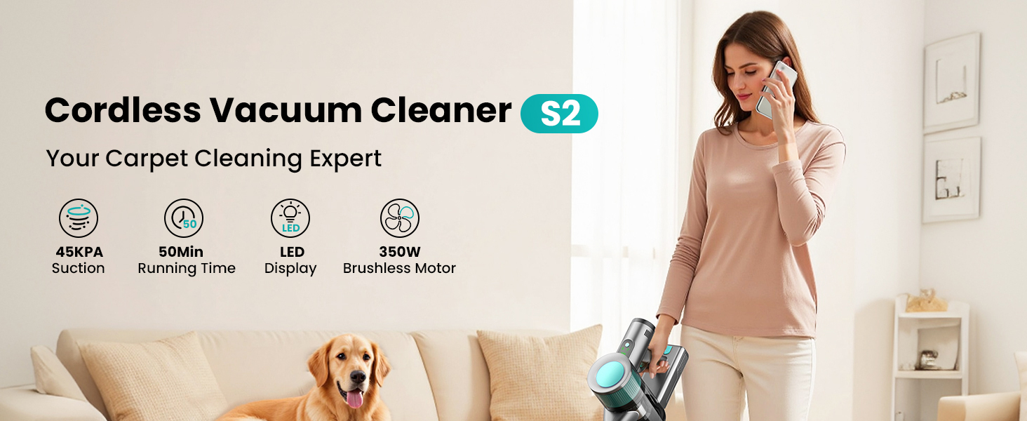 Бездротовий пилосос Dzaki 45000Pa з акумулятором, дисплеєм та антизаплутувальною насадкою для твердих поверхонь, килимів, шерсті тварин та авто (блакитний)