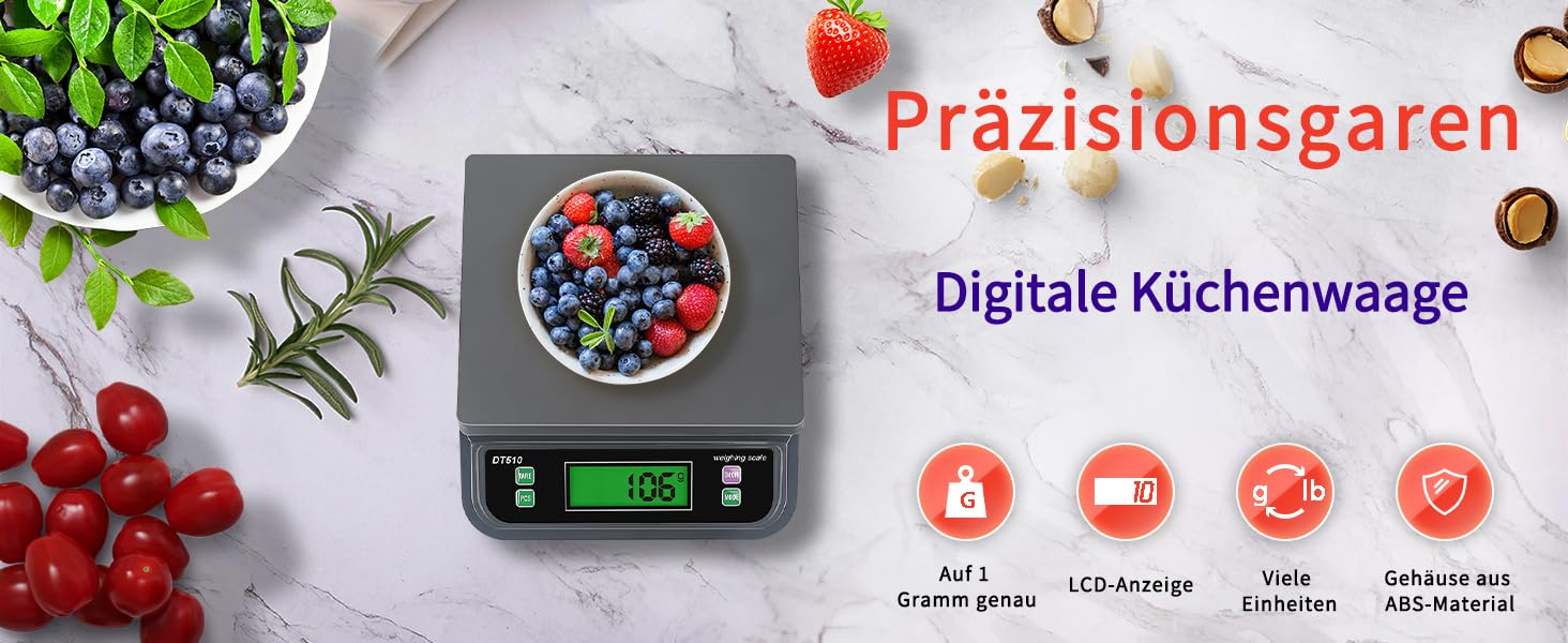 Цифрові кухонні ваги 30кг, LCD дисплей, тара, шт, 6 одиниць, харчові ваги, чорний