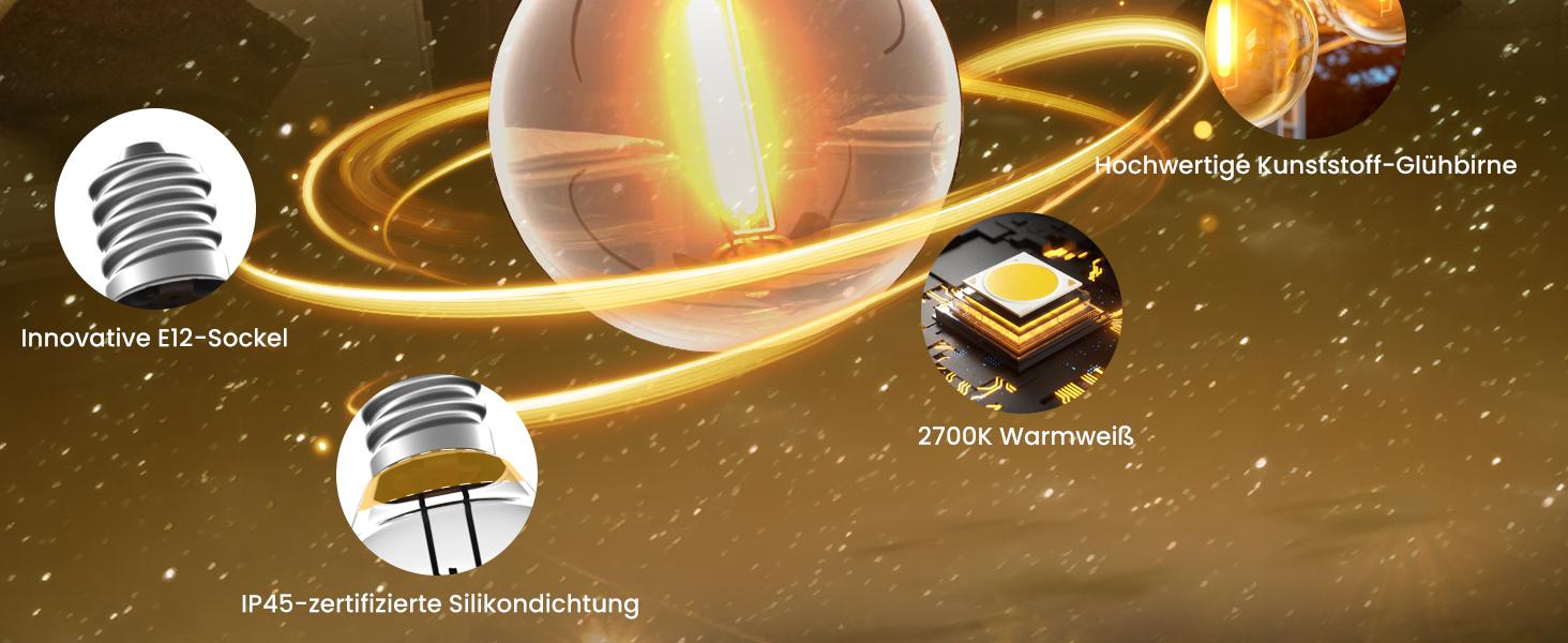 Ланцюжок прикрас для зовнішнього використання, 15м, з 25+2 LED-лампочками G40, тепле біле світло 2700K, IP65, вологостійкий, для саду, тераси, вечірок, чорний