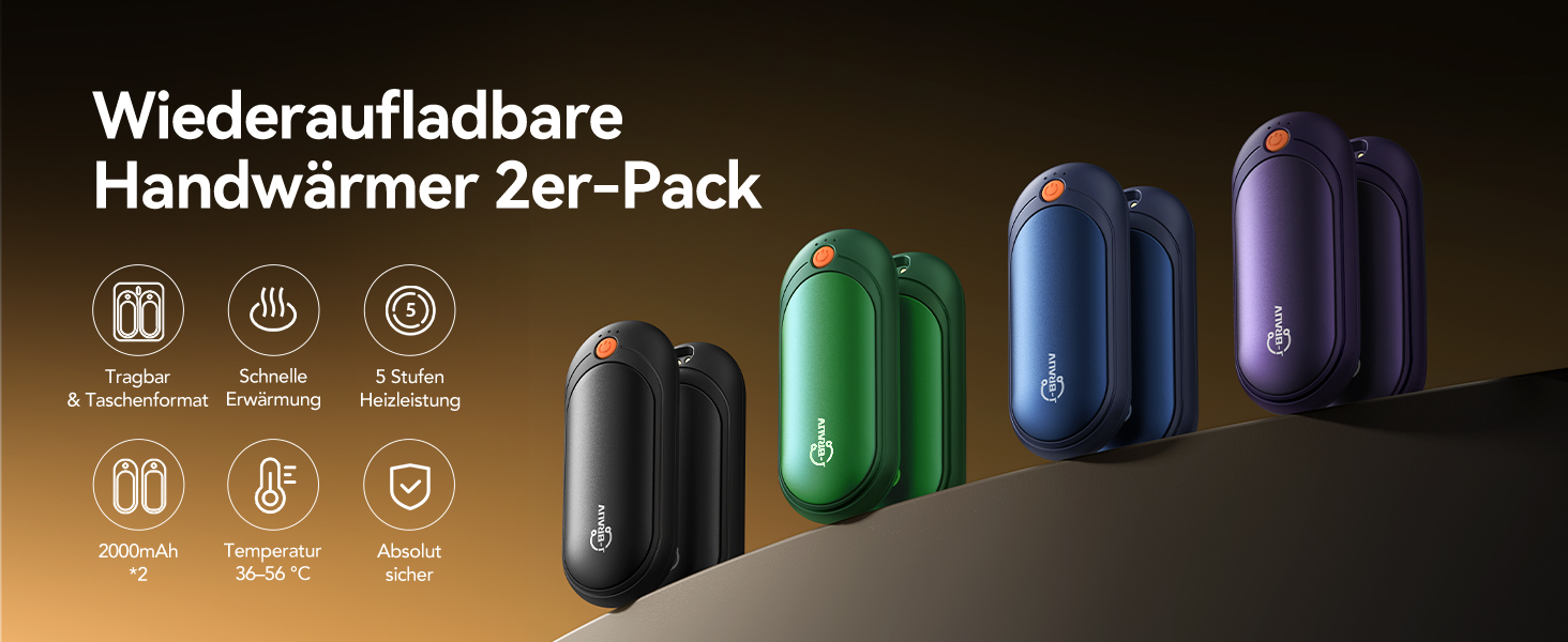 Електричні грілки для рук J-BRAUV 2 шт. з акумулятором 4000mAh, зарядний бокс 10000mAh, 3 режими нагріву, USB, чорний, кишеньковий