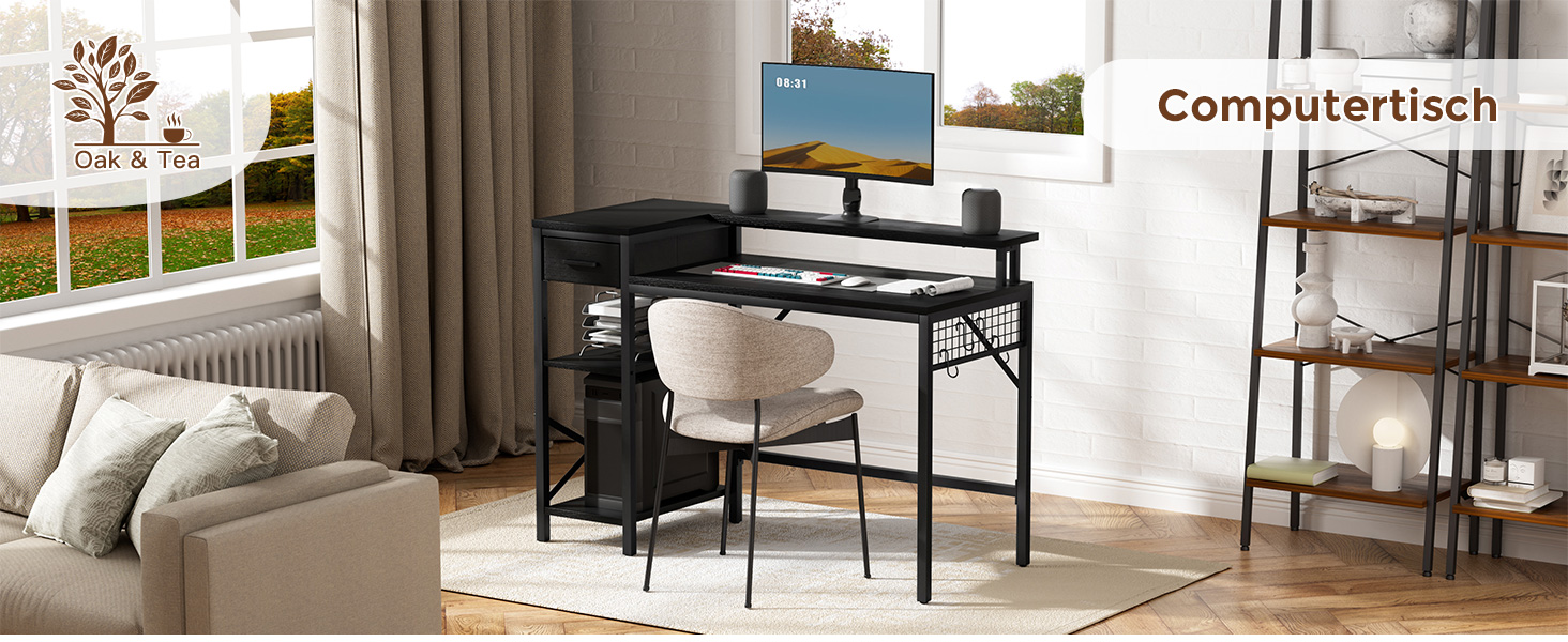 Ігровий стіл Oak & Tea 120x52 см з ящиками, регульованою полицею та підставкою для монітора – для роботи, навчання та геймінгу, коричнево-чорний