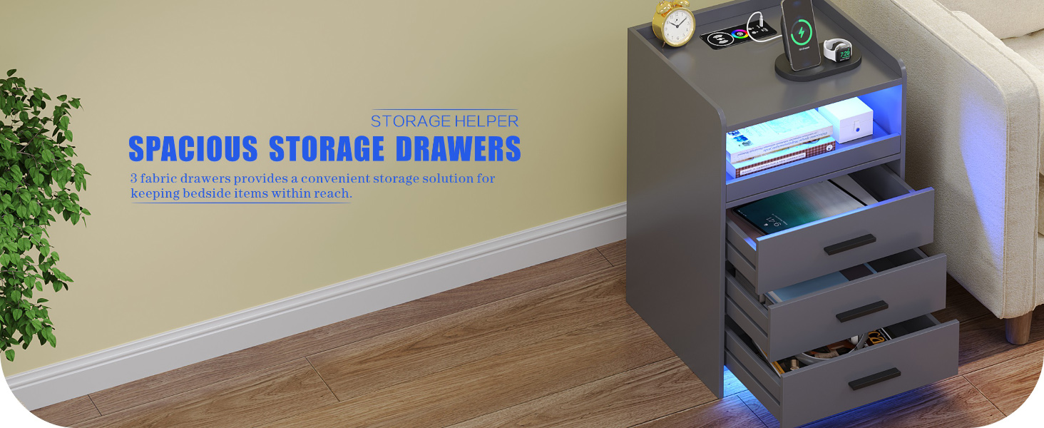 Нічний столик FREDEES з LED-підсвічуванням, ящиком та зарядкою, сірий (2 шт.)