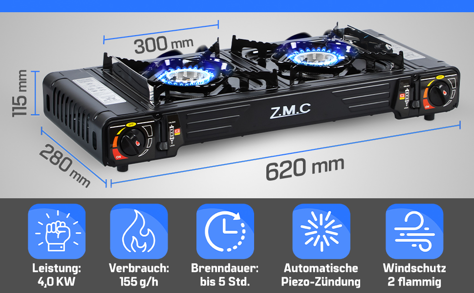 Преміум туристичний газовий набір ZMC: 2-конфортний газовий нагрівач 2,5 кВт з Piezo-запалюванням та валіза для транспортування | Для кемпінгу, балкону та дому | Включає гриль-плиту 45×24 см та газові картриджі 227г