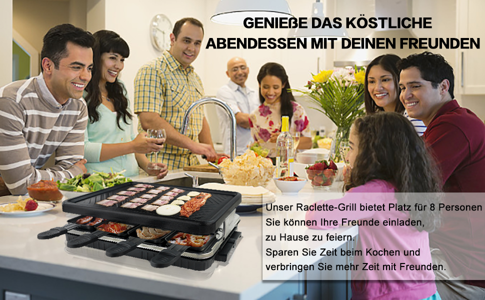 Ракле́т для 8 осіб - гриль з антипригарним покриттям, 8 міні-сковорідки та 4 дерев'яні лопатки, 1300W