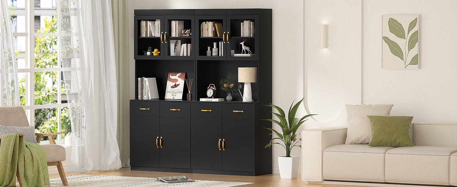 Кухонна шафа VOWNER з робочою поверхнею, буфет на кухню з 4 шафами, вітрина, буфет з регульованими полицями, 80 x 40 x 180 см, для кухні, вітальні, офісу, їдальні (білий) (чорний)