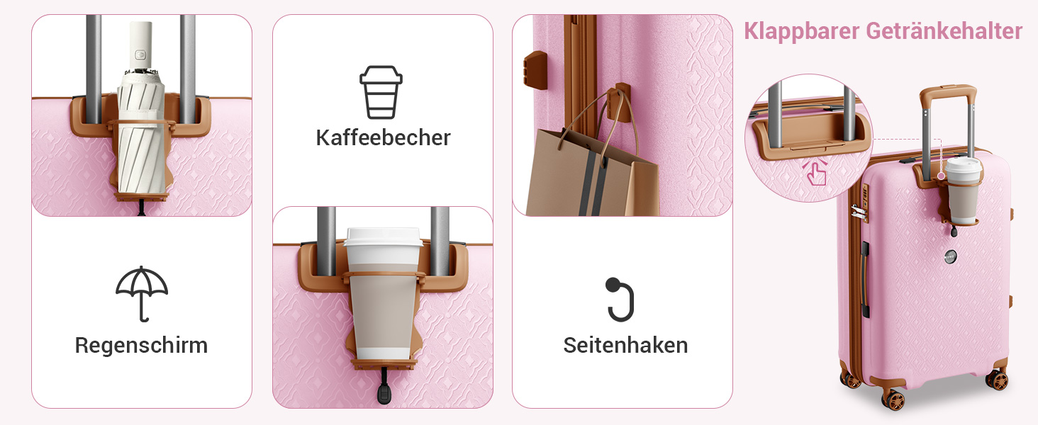 Валіза ручної поклажі KONO з тримачем для напоїв, рожево-коричнева, поліпропілен, розширювана, з TSA замком