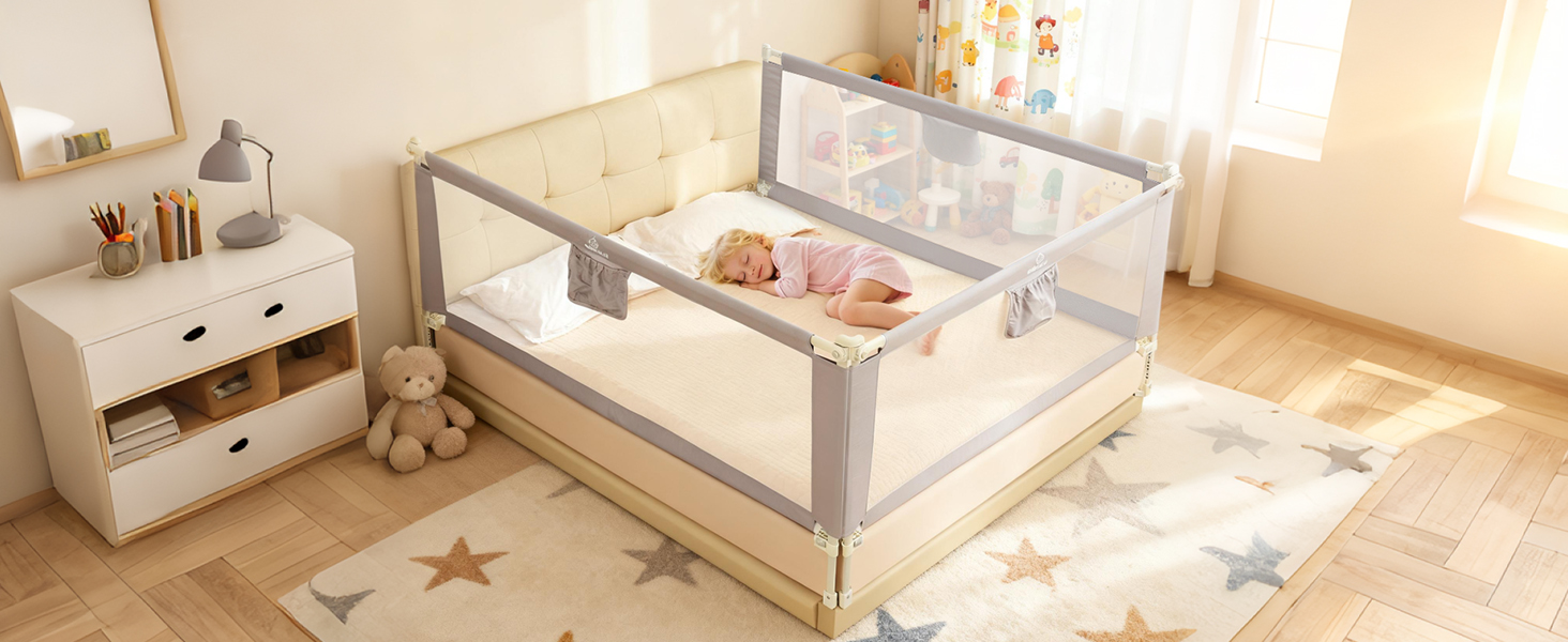 Бортики для ліжка дитячі 3 шт., захисні грати на ліжко для малюків (2x200 см + 1x180 см), сірі, складані