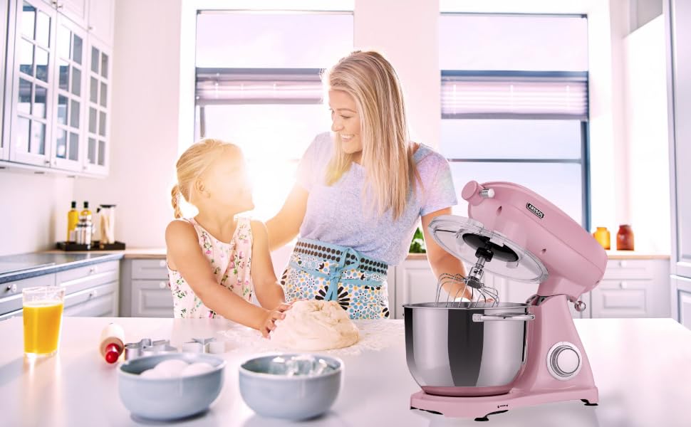 Arebos Ретро кухонна машина 1800W рожева | Міксер з чашею 6л з нержавіючої сталі | Тиха робота | З набором насадок (крюк для тіста, вінчик, насадка для збивання) | 6 швидкостей