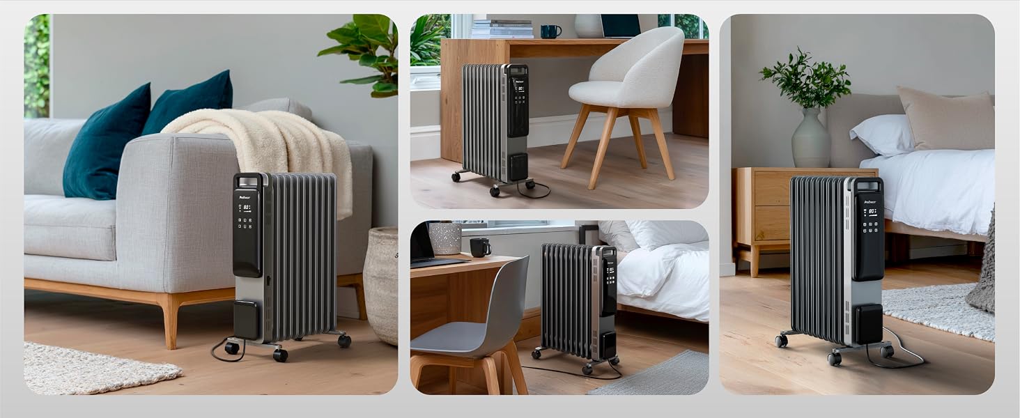 Розумний електричний масляний радіатор Pro Breeze 2500Вт, 11 секцій, з керуванням через Wi-Fi (Smart App), термостатом, таймером на 24г та сенсорним дисплеєм, сріблястий
