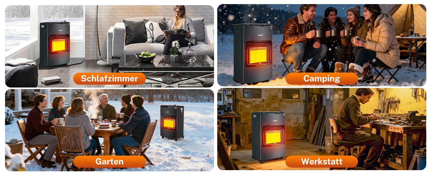 Газовий обігрівач Cooltop 4200W з керамічним нагрівачем, для дому, на бутан/пропан, без балончика, з регулятором та шлангом (чорний)