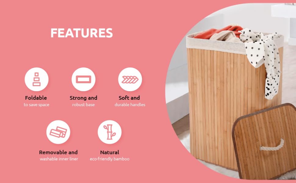 Кошик для білизни з бамбука з винімним мішком - стильний кошик для ванної, спальні або пральні - декоративне зберігання в стилі SPA, квадратний