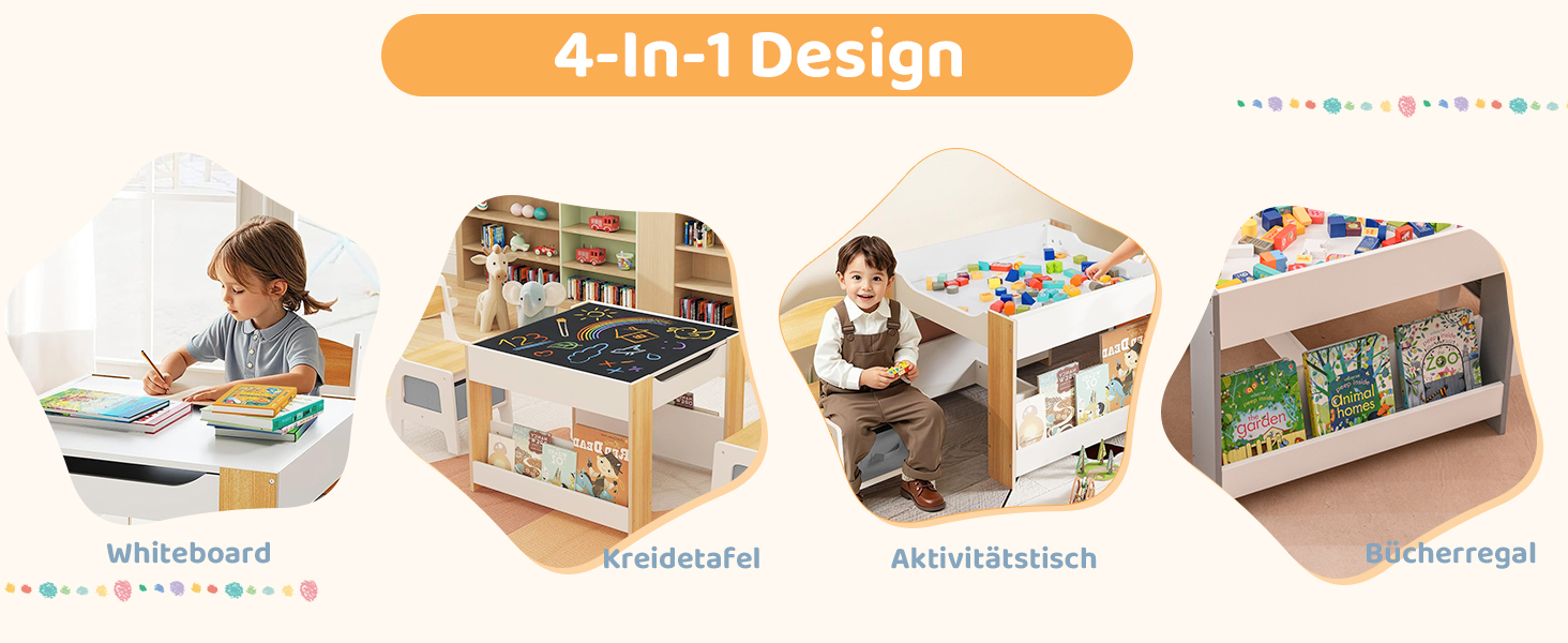 Детский стол со стульями COSTWAY 3 в 1, деревянная мебель для детей от 3 лет с откидной столешницей, полкой и ящиками