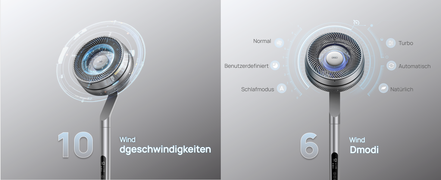 Вентилятор Dreo з інтелектуальним керуванням, 101.6-111.8 см, регульована висота, тихий DC вентилятор для спальні, 120°+85° осциляція, 30.5 м³/хв, срібний