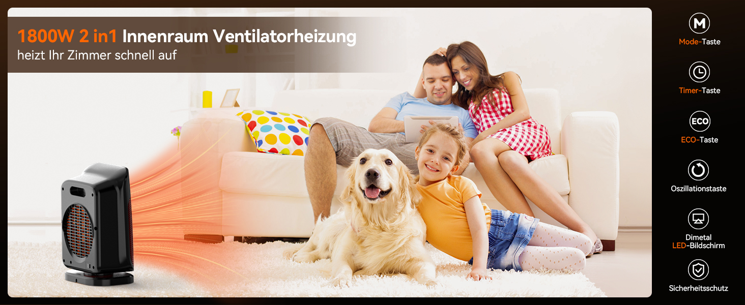 Електричний обігрівач YASHE 1800W з осциляцією 75°, економний та тихий, PTC керамічний нагрів з термостатом, захист від перегріву та перекидання, таймер 24 год, портативний з пульт керування