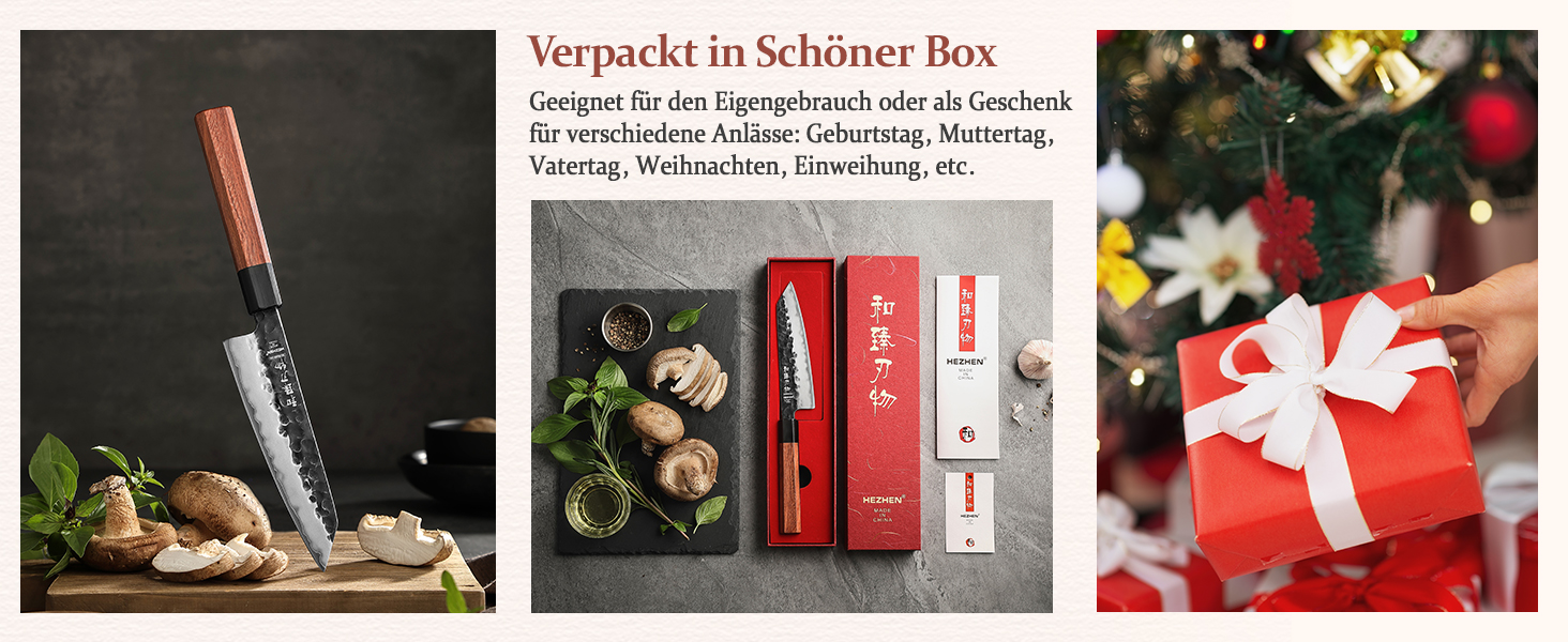 Професійний японський ніж Kiritsuke HEZHEN 21,5 см, кухонний ніж із 3-шарової дамаської сталі з восьмигранною ручкою з червоного дерева та дерев'яним чохлом