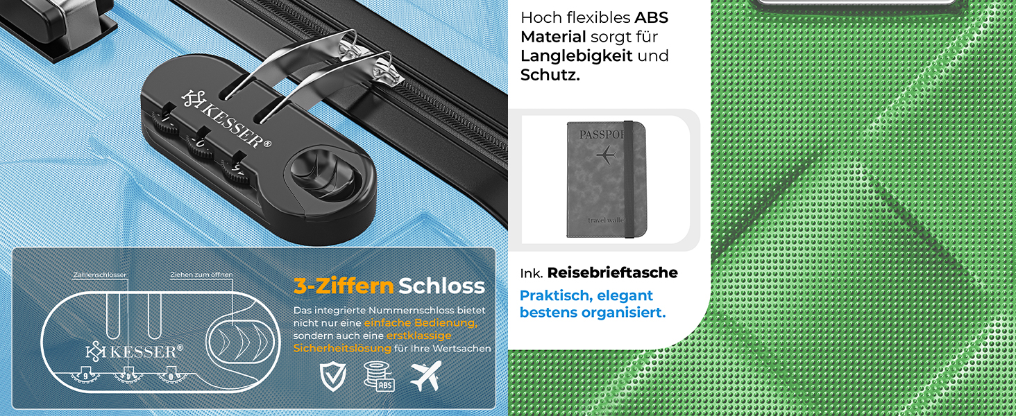 Набір валіз KESSER® 3 шт. | Валізи з ABS, з кодовим замком, ваговою шалькою та органайзером для документів | 360° колеса | Ручна поклажа та великі валізи для подорожей та бізнесу | Сірий колір