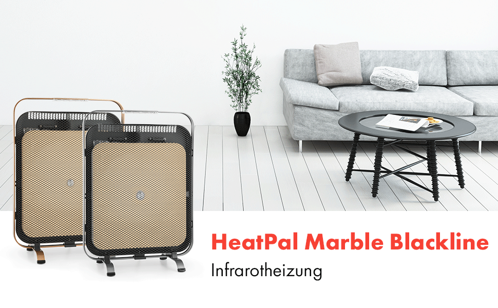 Інфрачервоний обігрівач Klarstein HeatPal Marble Blackline з терморегулятором - мобільний обігрівач, паркувальний обігрівач, 1300 Вт, кімнати до 30 м, функція акумулювання тепла, мармурова стільниця, мідного кольору