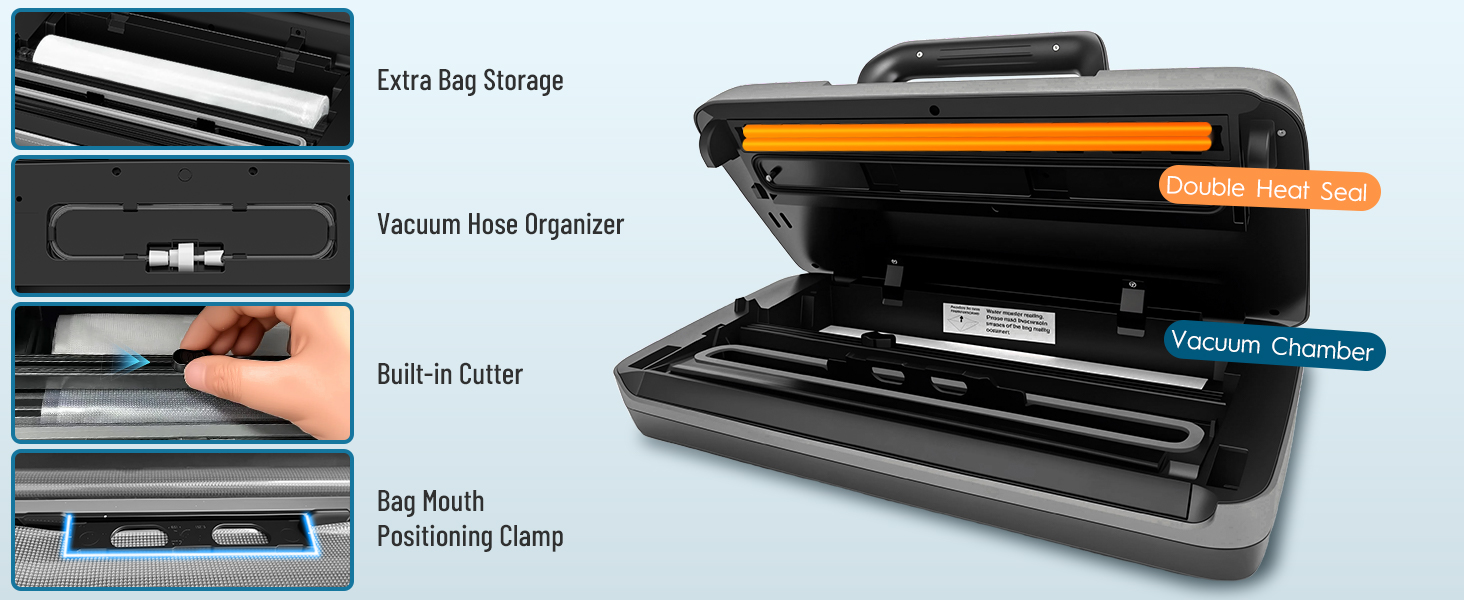 Професійний вакууматор для продуктів 12-в-1, 95кПа, з функцією безперервного вакуумування та подвійним швом, сріблястий (комплект: 1 рулон та 10 пакетів)